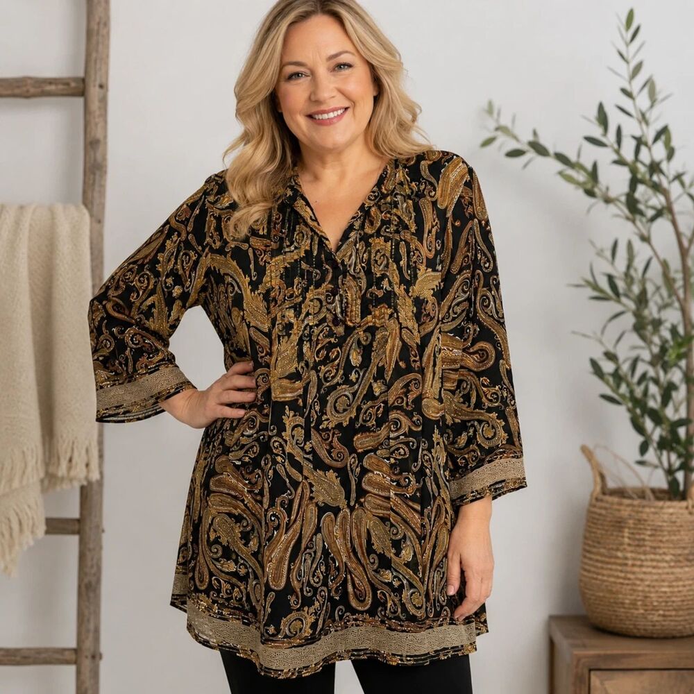 Ulla Popken Paisley Embellished Tunic Elegant Bohemian Style Size 16/18 (XL)